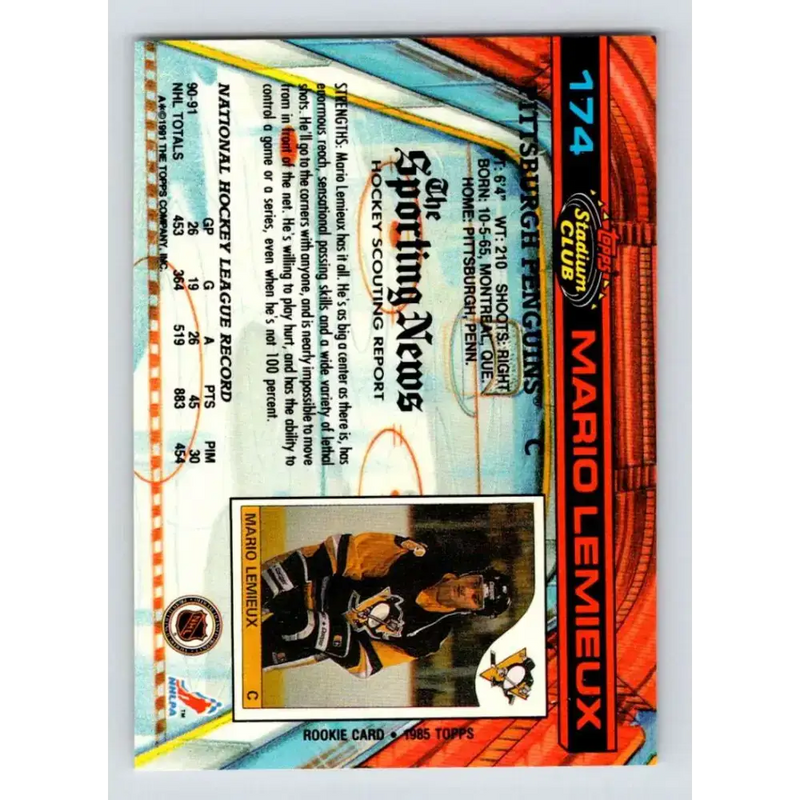 1991-92 Topps Stadium Club #174 Mario Lemieux NM-MT Pittsburgh Penguins Hockey Card - Hockey Card Single