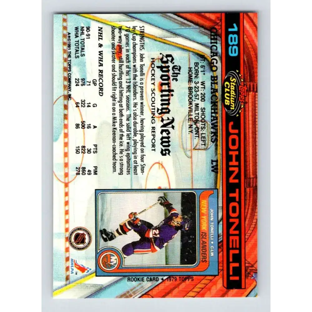 1991-92 Topps Stadium Club #189 John Tonelli NM-MT Chicago Blackhawks Hockey Card - Hockey Card Single