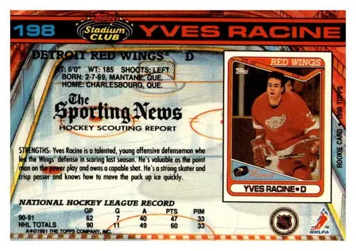 Yves Racine hockey card from 1991-92 Topps Stadium Club with original gloss