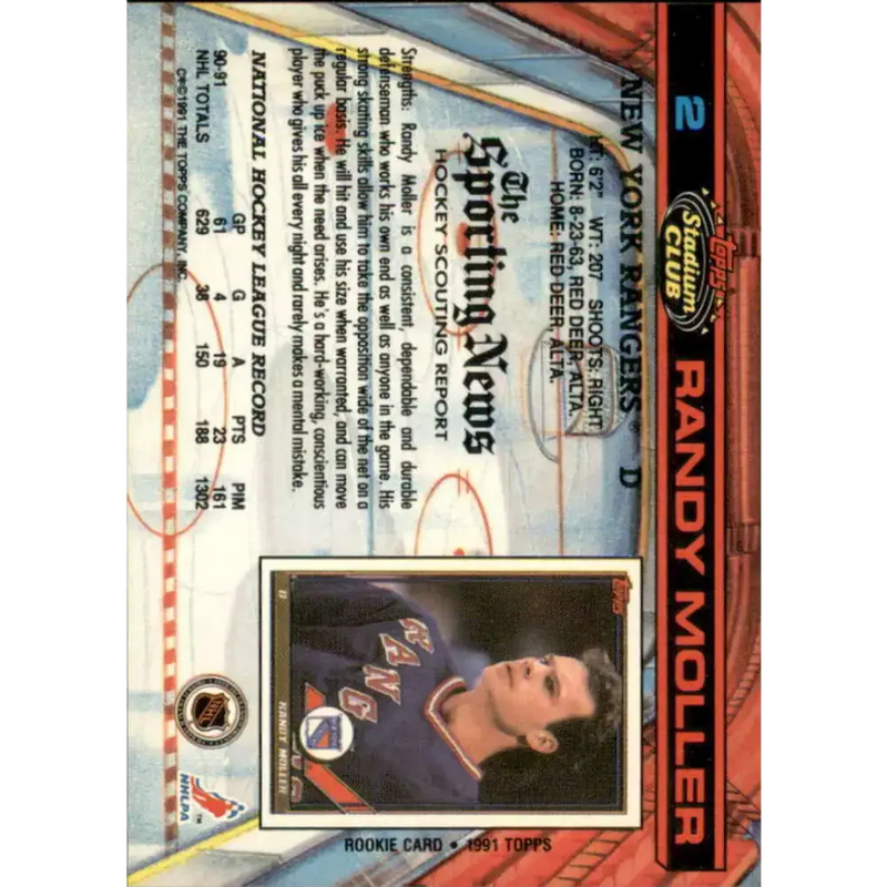 1991-92 Topps Stadium Club #2 Randy Moller NM-MT New York Rangers Hockey Card - Hockey Card Single