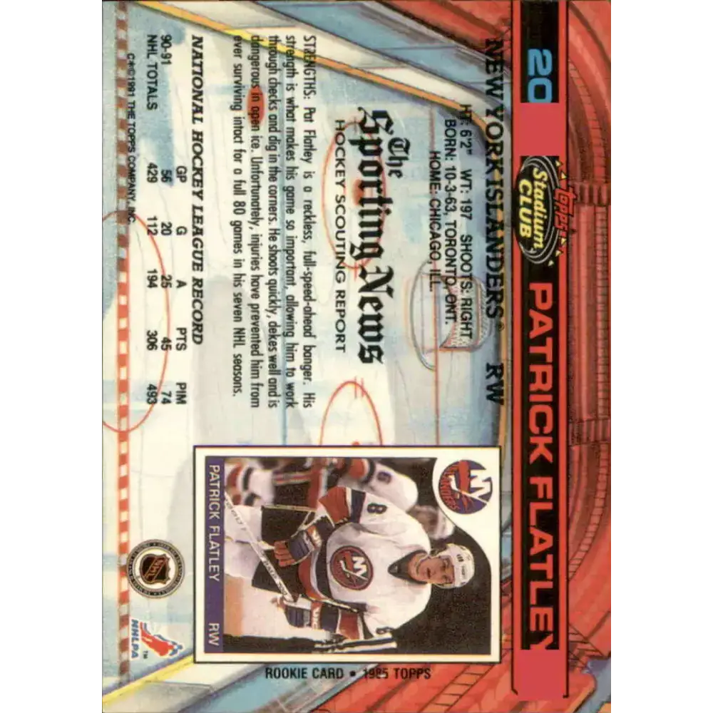 1991-92 Topps Stadium Club #20 Pat Flatley NM-MT New York Islanders Hockey Card - Hockey Card Single