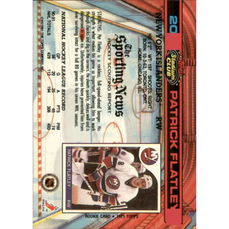 1991-92 Topps Stadium Club #20 Pat Flatley NM-MT New York Islanders Hockey Card - Hockey Card Single