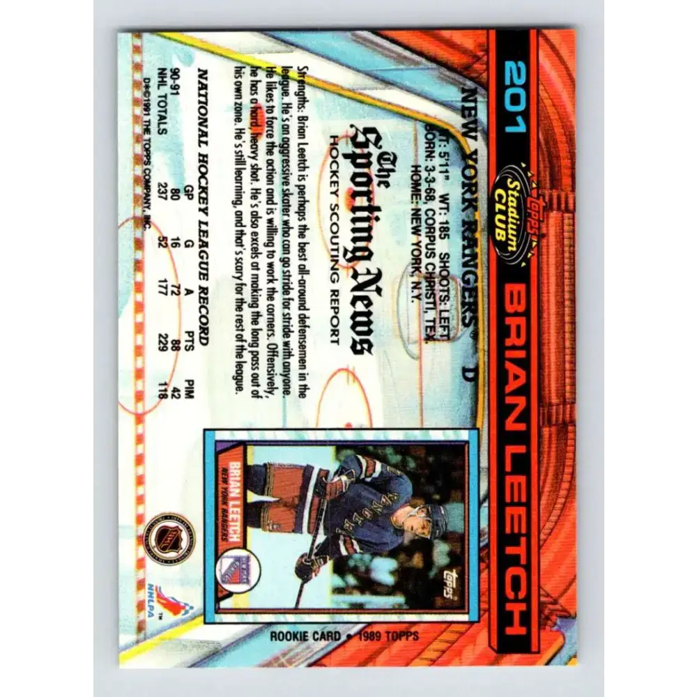 1991-92 Topps Stadium Club #201 Brian Leetch NM-MT New York Rangers Hockey Card - Hockey Card Single