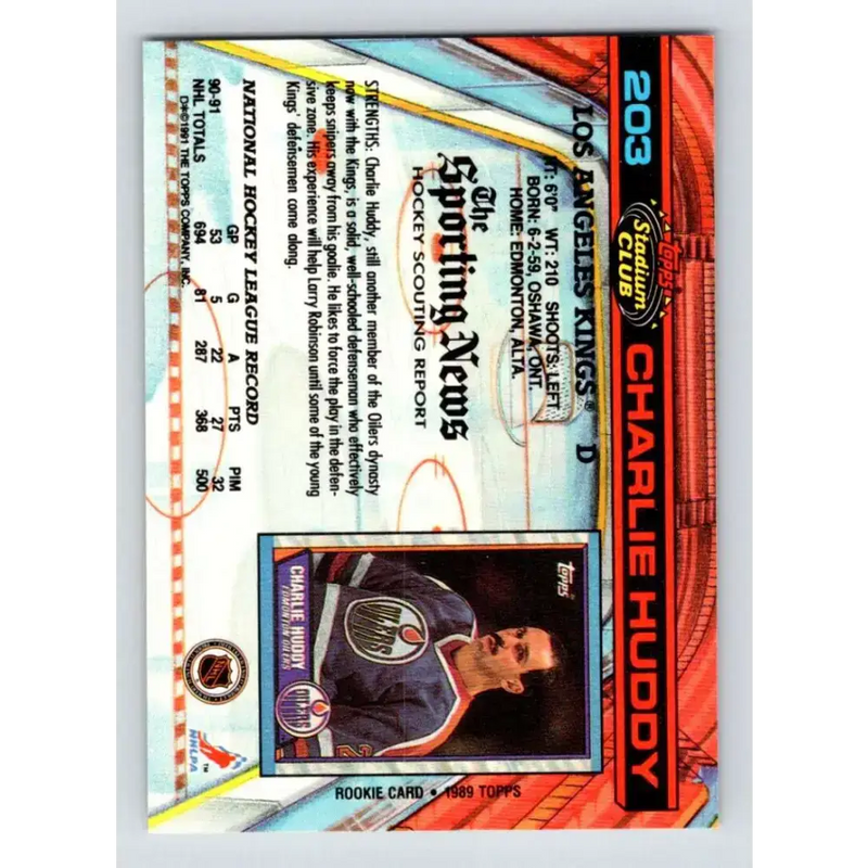 1991-92 Topps Stadium Club #203 Charlie Huddy NM-MT Los Angeles Kings Hockey Card - Hockey Card Single