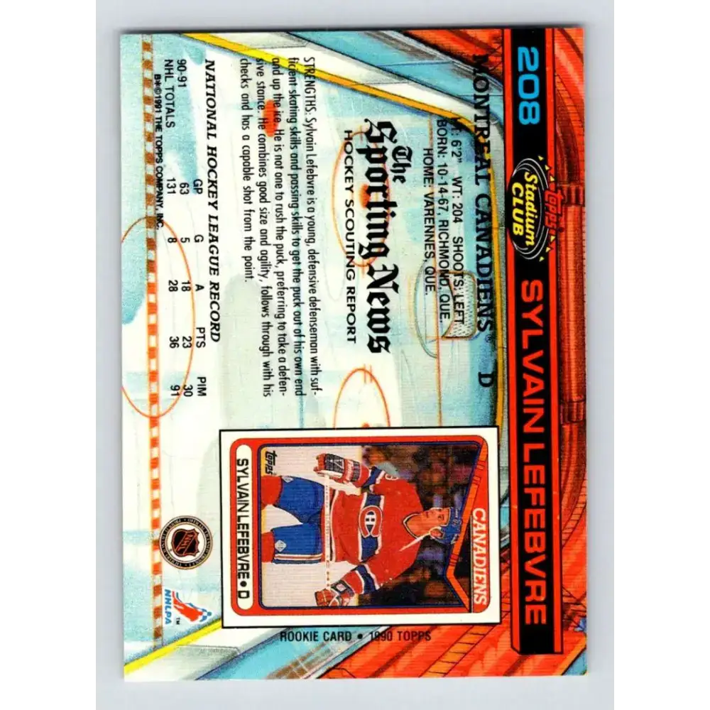 1991-92 Topps Stadium Club #208 Sylvain Lefebvre NM-MT Montreal Canadiens Hockey Card - Hockey Card Single