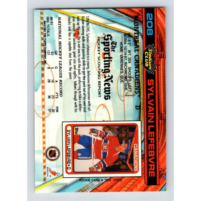 1991-92 Topps Stadium Club #208 Sylvain Lefebvre NM-MT Montreal Canadiens Hockey Card - Hockey Card Single