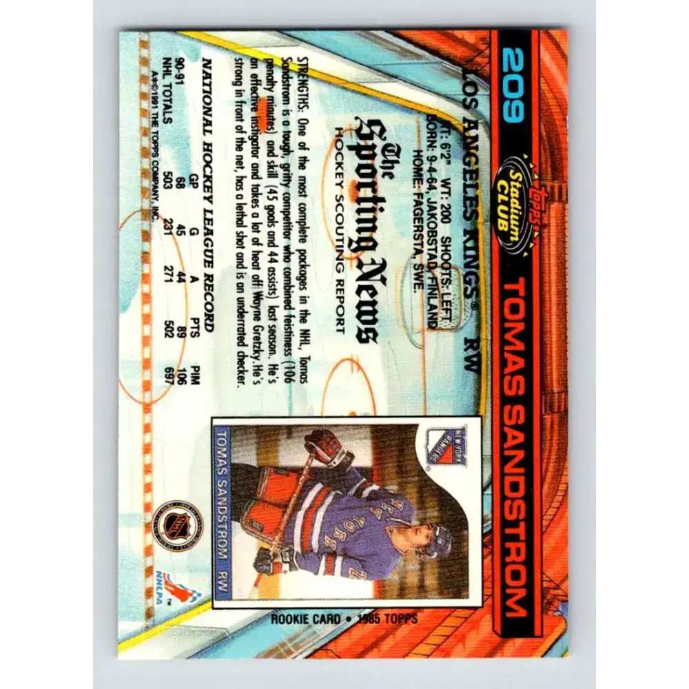 1991-92 Topps Stadium Club #209 Tomas Sandstrom NM-MT Los Angeles Kings Hockey Card - Hockey Card Single