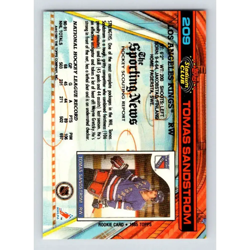 1991-92 Topps Stadium Club #209 Tomas Sandstrom NM-MT Los Angeles Kings Hockey Card - Hockey Card Single