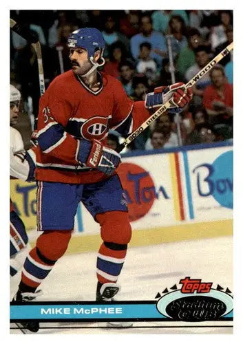1991-92 Topps Stadium Club Mike McPhee sports card with original gloss featuring Canadiens
