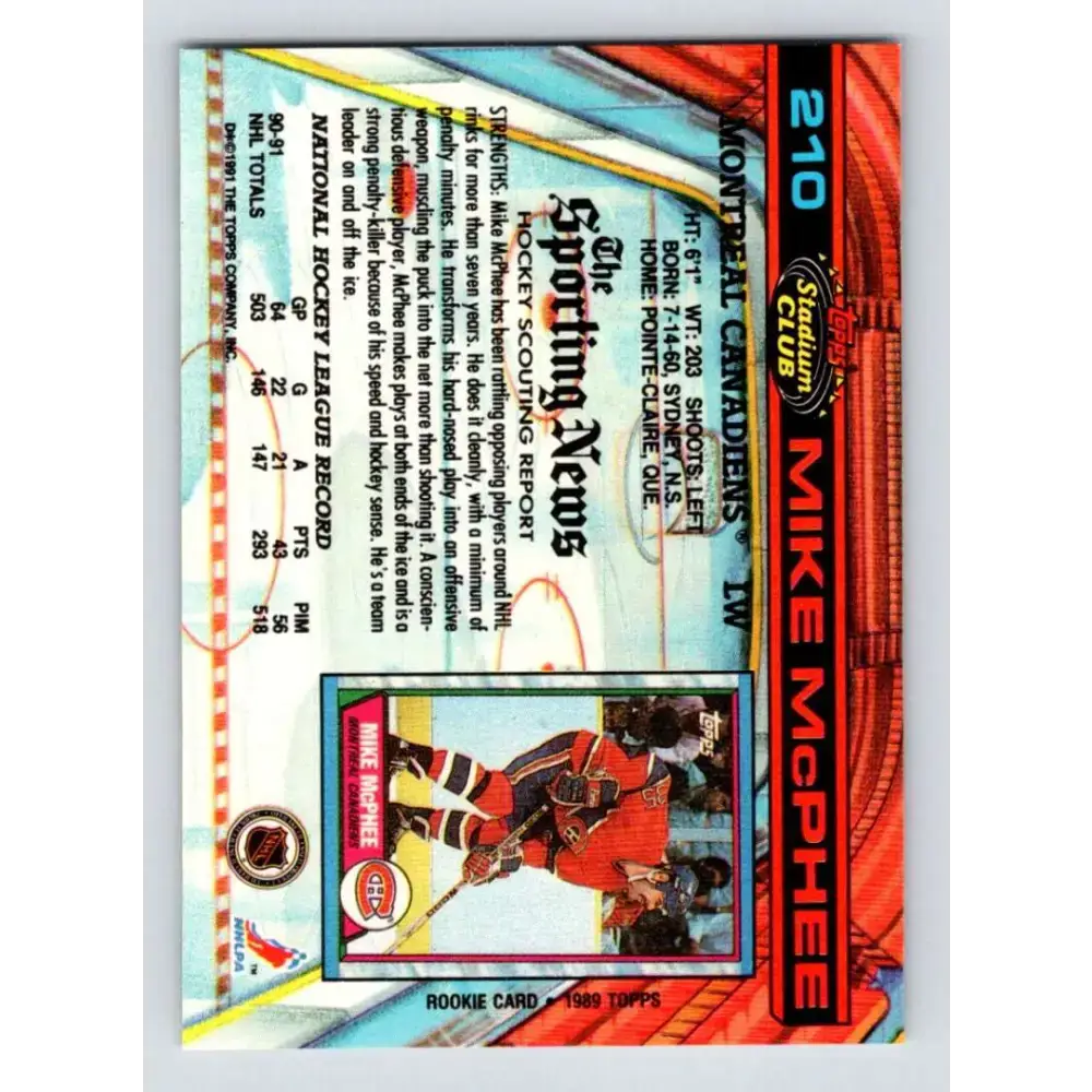 1991-92 Topps Stadium Club #210 Mike McPhee NM-MT Montreal Canadiens Hockey Card - Hockey Card Single