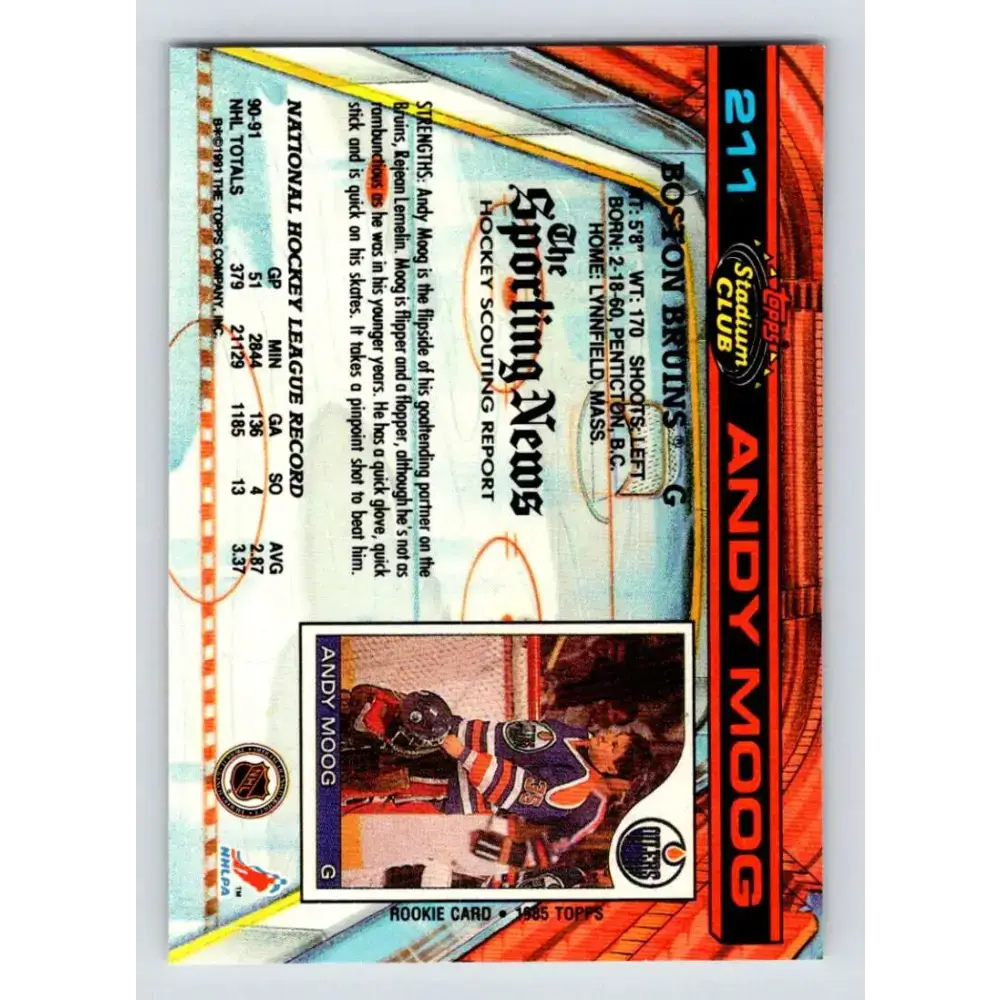 1991-92 Topps Stadium Club #211 Andy Moog NM-MT Boston Bruins Hockey Card - Hockey Card Single