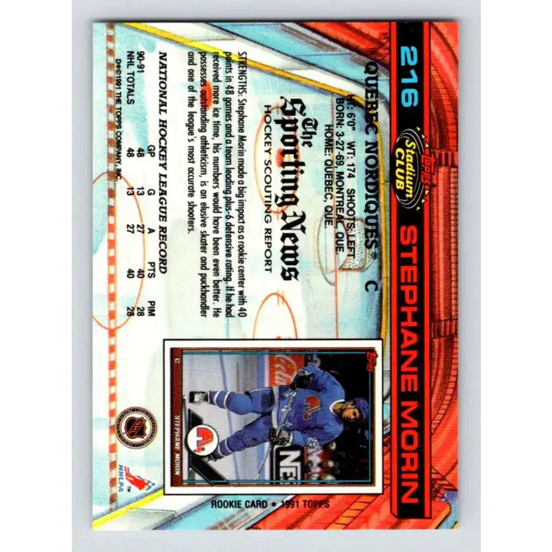1991-92 Topps Stadium Club #216 Stephane Morin UER NM-MT Quebec Nordiques Hockey Card - Hockey Card Single