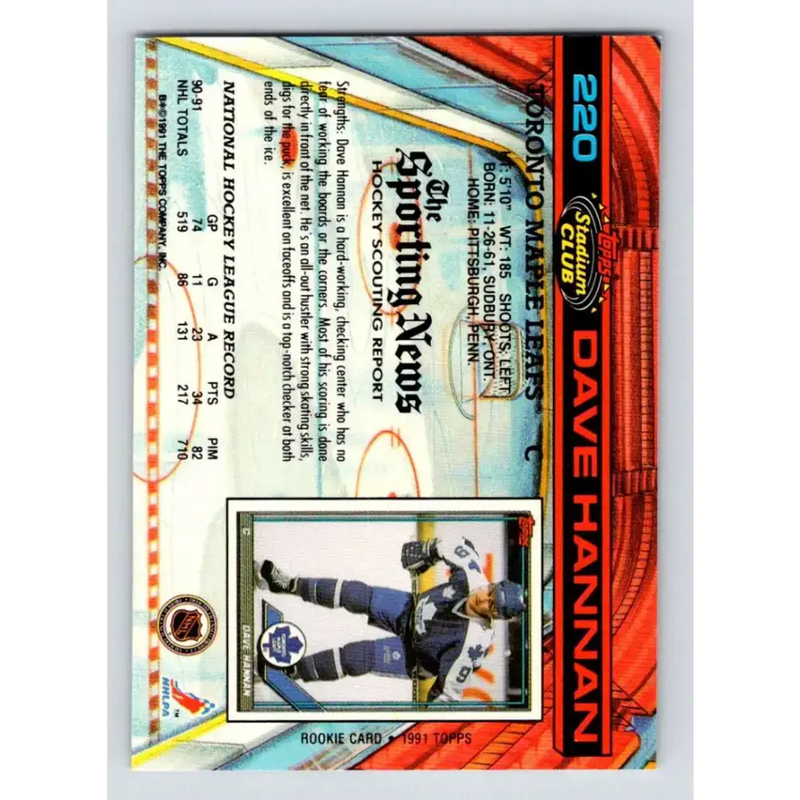 1991-92 Topps Stadium Club #220 Dave Hannan NM-MT Toronto Maple Leafs Hockey Card - Hockey Card Single
