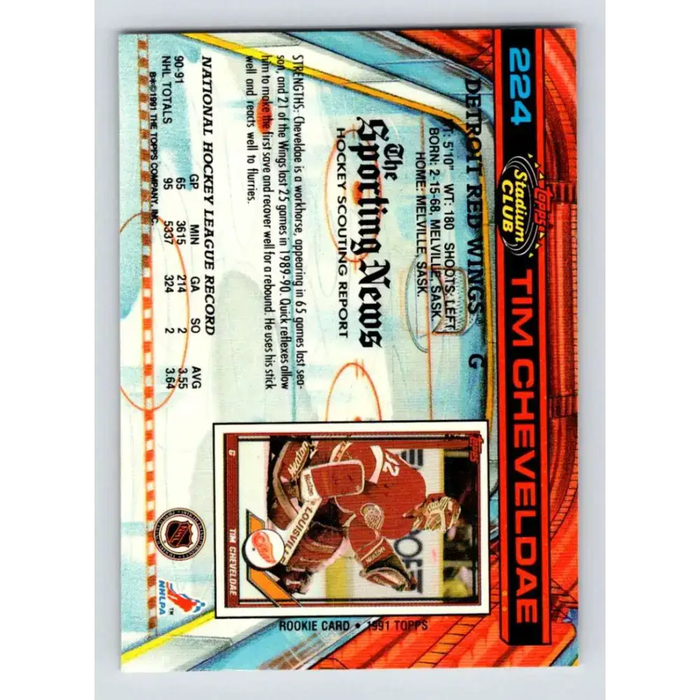 1991-92 Topps Stadium Club #224 Tim Cheveldae NM-MT Detroit Red Wings Hockey Card - Hockey Card Single