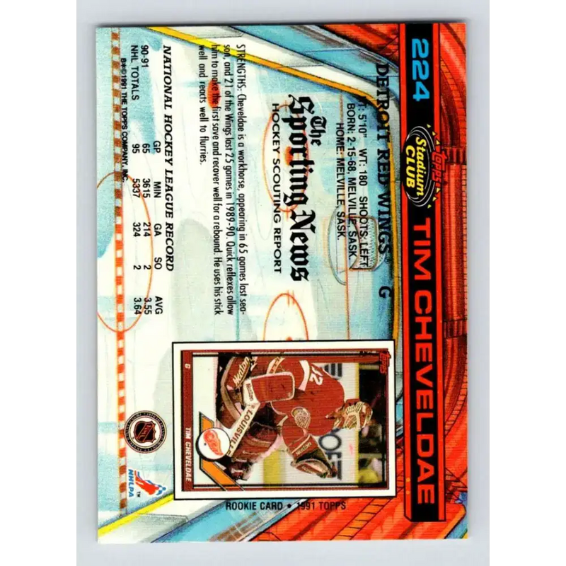 1991-92 Topps Stadium Club #224 Tim Cheveldae NM-MT Detroit Red Wings Hockey Card - Hockey Card Single