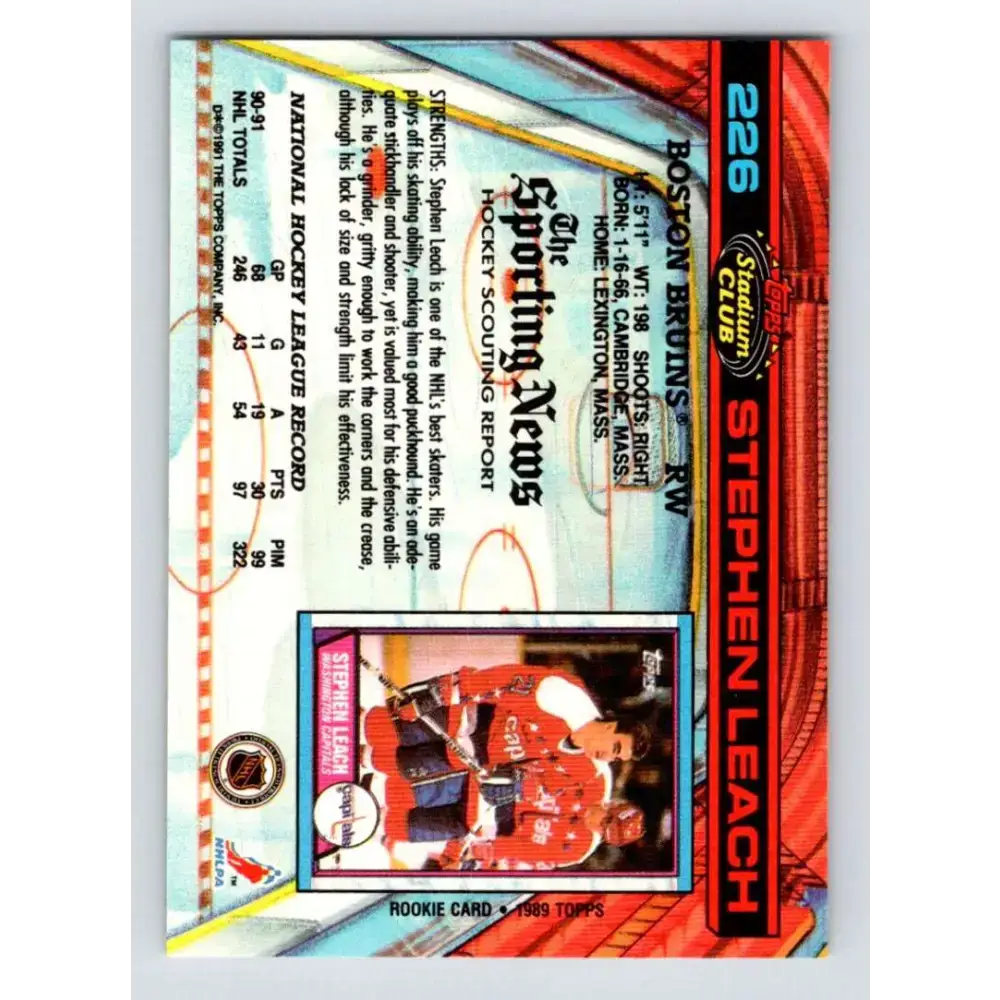 1991-92 Topps Stadium Club #226 Stephen Leach NM-MT Boston Bruins Hockey Card - Hockey Card Single