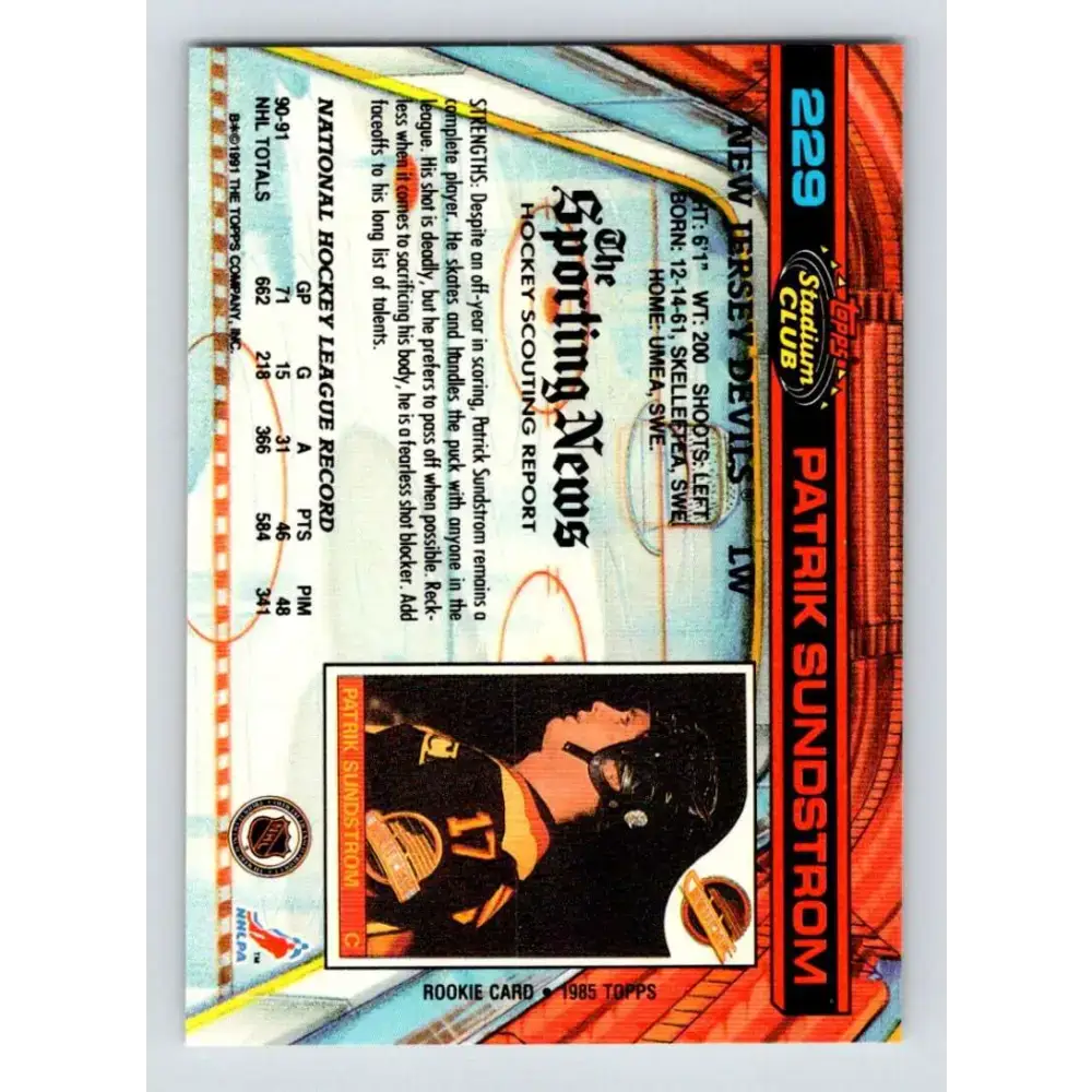 1991-92 Topps Stadium Club #229 Patrik Sundstrom NM-MT New Jersey Devils Hockey Card - Hockey Card Single