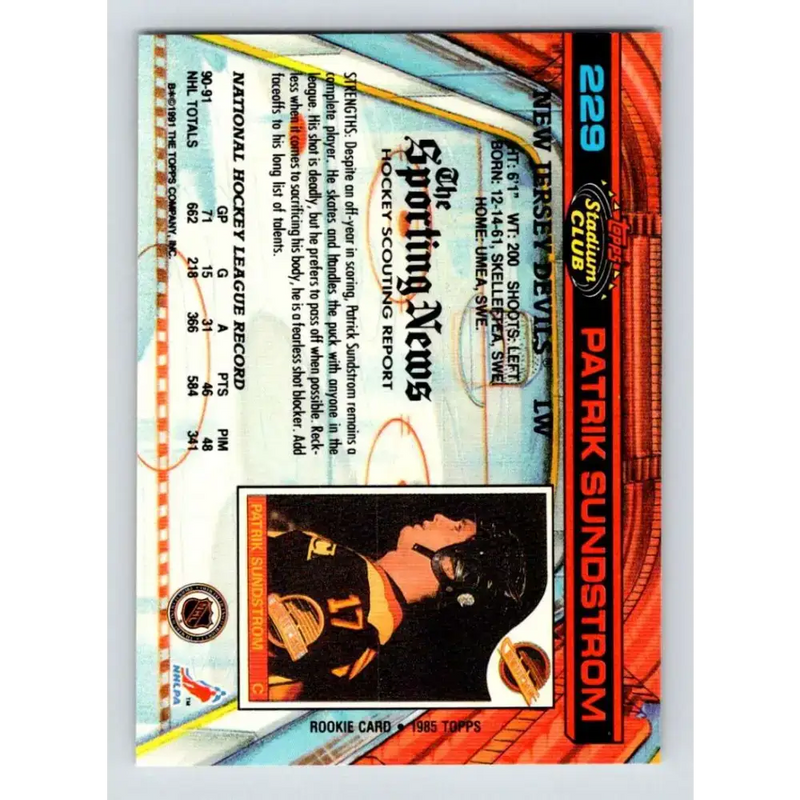 1991-92 Topps Stadium Club #229 Patrik Sundstrom NM-MT New Jersey Devils Hockey Card - Hockey Card Single