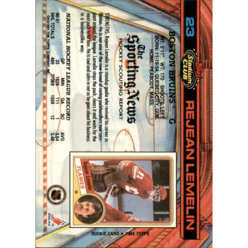 1991-92 Topps Stadium Club #23 Rejean Lemelin NM-MT Boston Bruins Hockey Card - Hockey Card Single