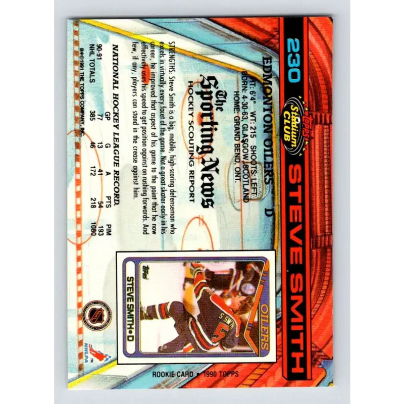 1991-92 Topps Stadium Club #230 Steve Smith NM-MT Edmonton Oilers Hockey Card - Hockey Card Single