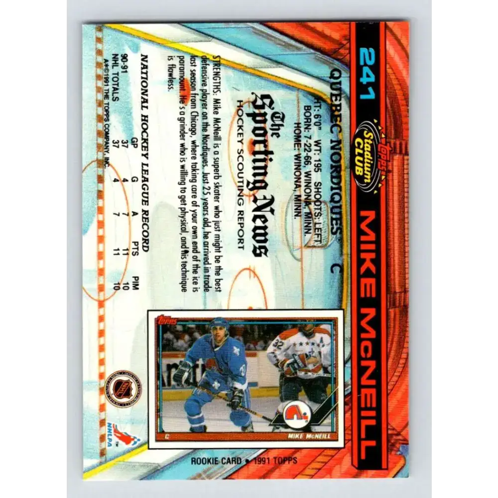 1991-92 Topps Stadium Club #241 Mike McNeil NM-MT Quebec Nordiques Hockey Card - Hockey Card Single
