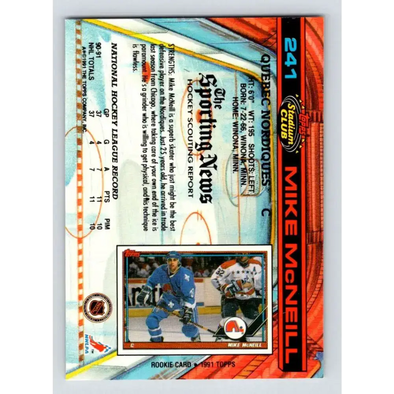 1991-92 Topps Stadium Club #241 Mike McNeil NM-MT Quebec Nordiques Hockey Card - Hockey Card Single