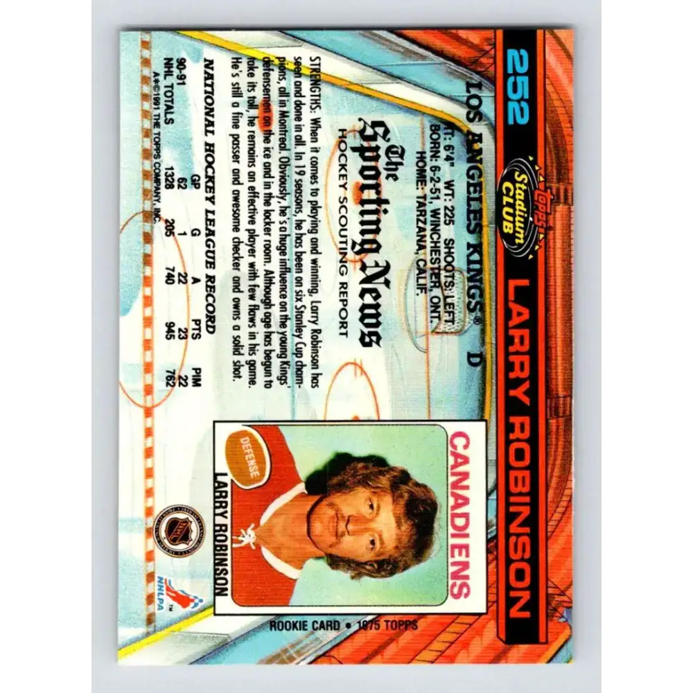 1991-92 Topps Stadium Club #252 Larry Robinson NM-MT Los Angeles Kings Hockey Card - Hockey Card Single