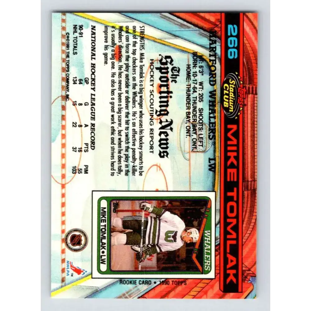 1991-92 Topps Stadium Club #266 Mike Tomlak NM-MT Hartford Whalers Hockey Card - Hockey Card Single