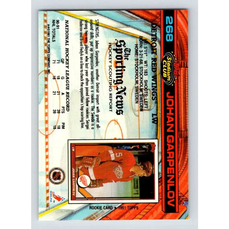 1991-92 Topps Stadium Club #268 Johan Garpenlov NM-MT Detroit Red Wings Hockey Card - Hockey Card Single
