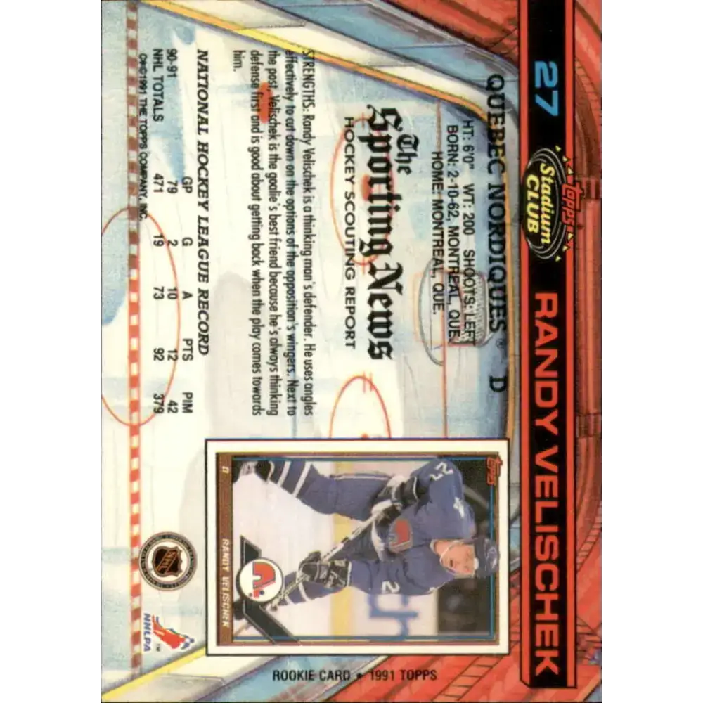1991-92 Topps Stadium Club #27 Randy Velischek NM-MT Quebec Nordiques Hockey Card - Hockey Card Single