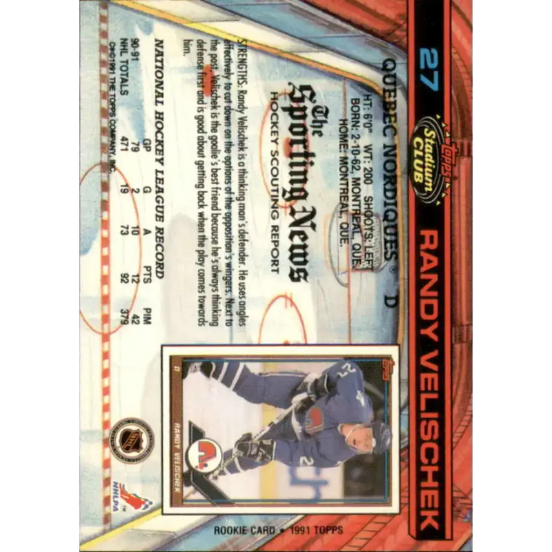 1991-92 Topps Stadium Club #27 Randy Velischek NM-MT Quebec Nordiques Hockey Card - Hockey Card Single