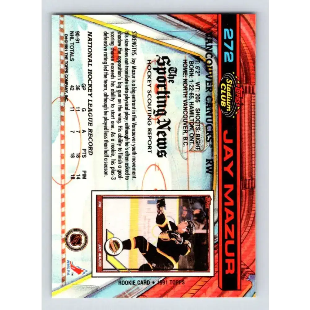1991-92 Topps Stadium Club #272 Jay Mazur NM-MT Vancouver Canucks Hockey Card - Hockey Card Single