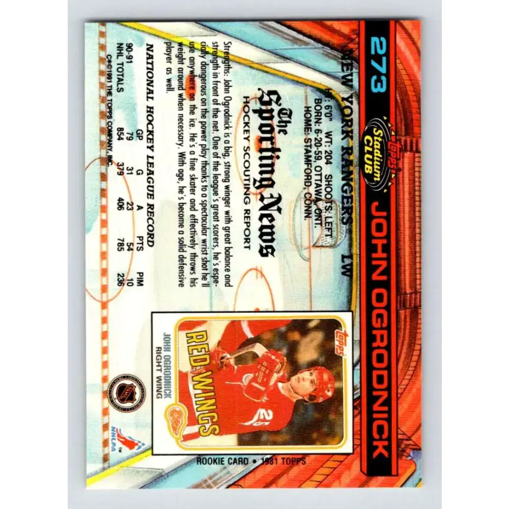 1991-92 Topps Stadium Club #273 John Ogrodnick NM-MT New York Rangers Hockey Card - Hockey Card Single