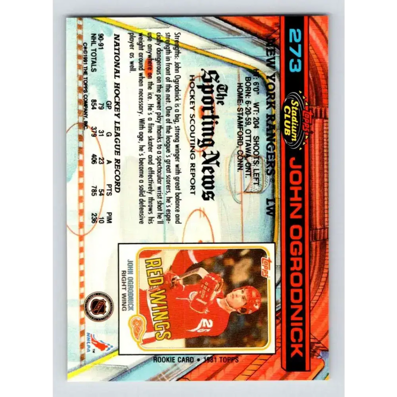 1991-92 Topps Stadium Club #273 John Ogrodnick NM-MT New York Rangers Hockey Card - Hockey Card Single