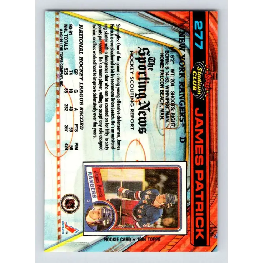 1991-92 Topps Stadium Club #277 James Patrick NM-MT New York Rangers Hockey Card - Hockey Card Single