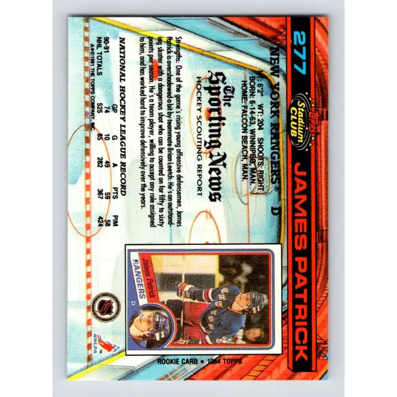 1991-92 Topps Stadium Club #277 James Patrick NM-MT New York Rangers Hockey Card - Hockey Card Single