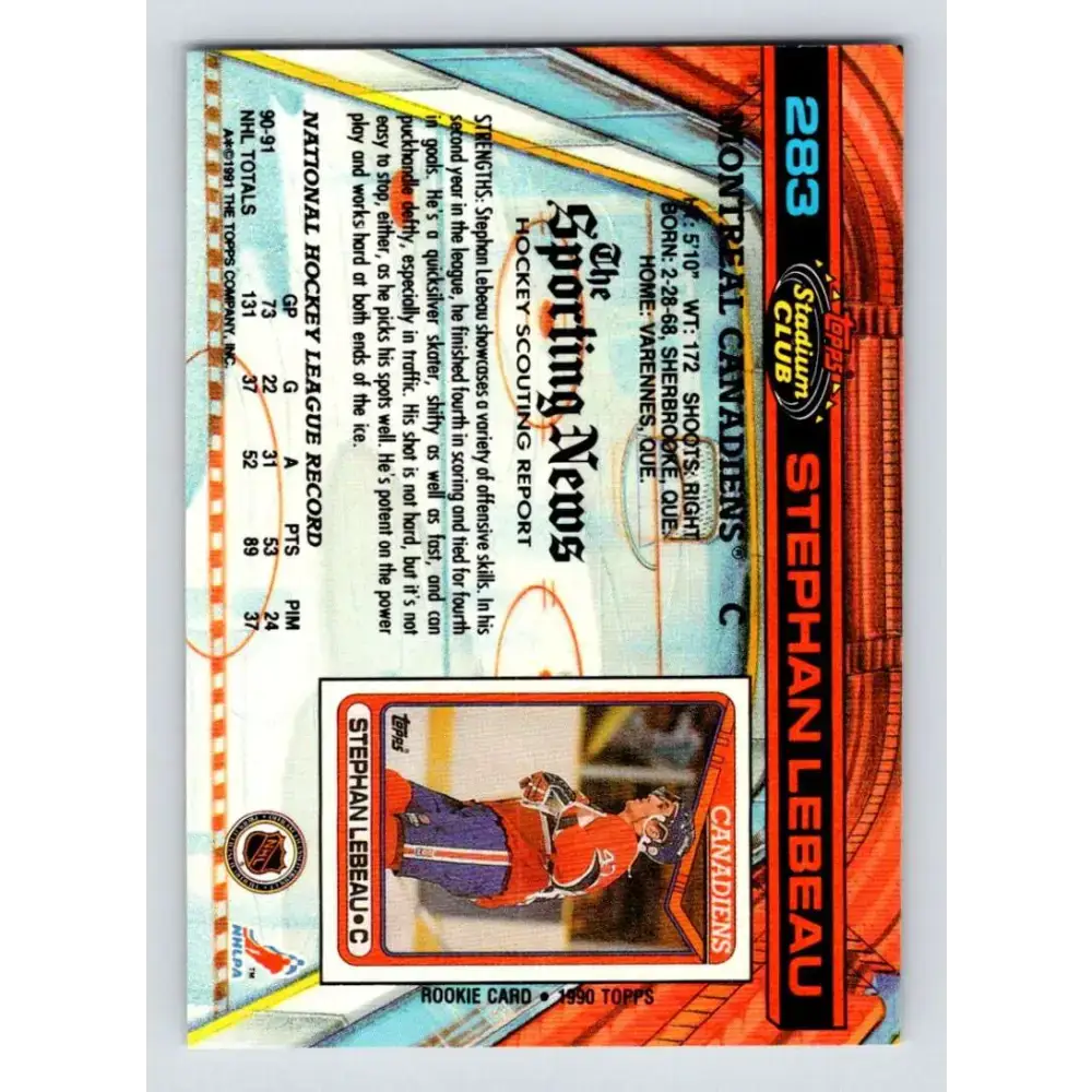 1991-92 Topps Stadium Club #283 Stephan Lebeau NM-MT Montreal Canadiens Hockey Card - Hockey Card Single