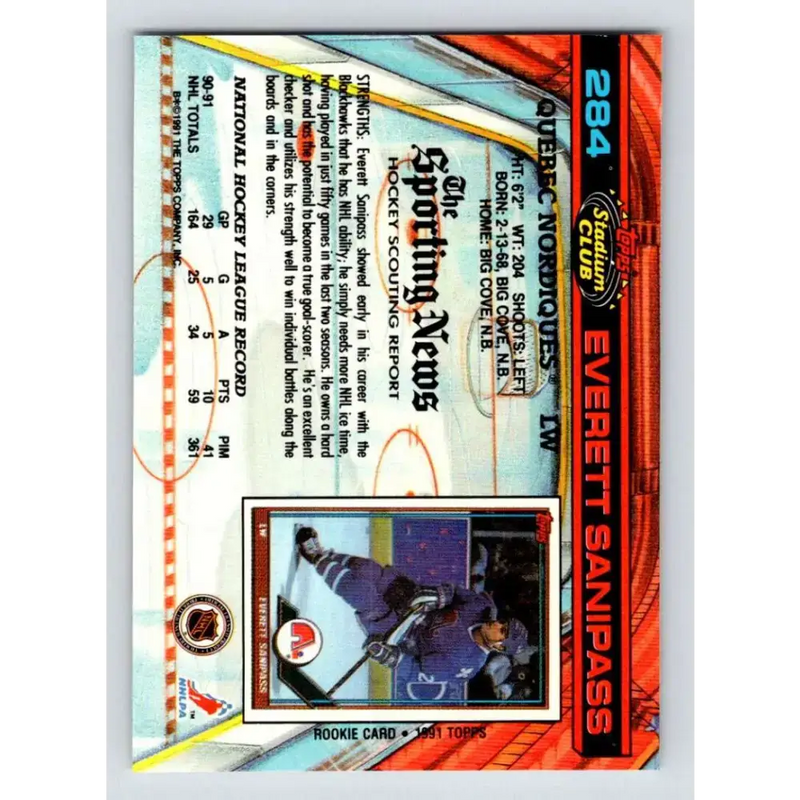1991-92 Topps Stadium Club #284 Everett Sanipass NM-MT Quebec Nordiques Hockey Card - Hockey Card Single