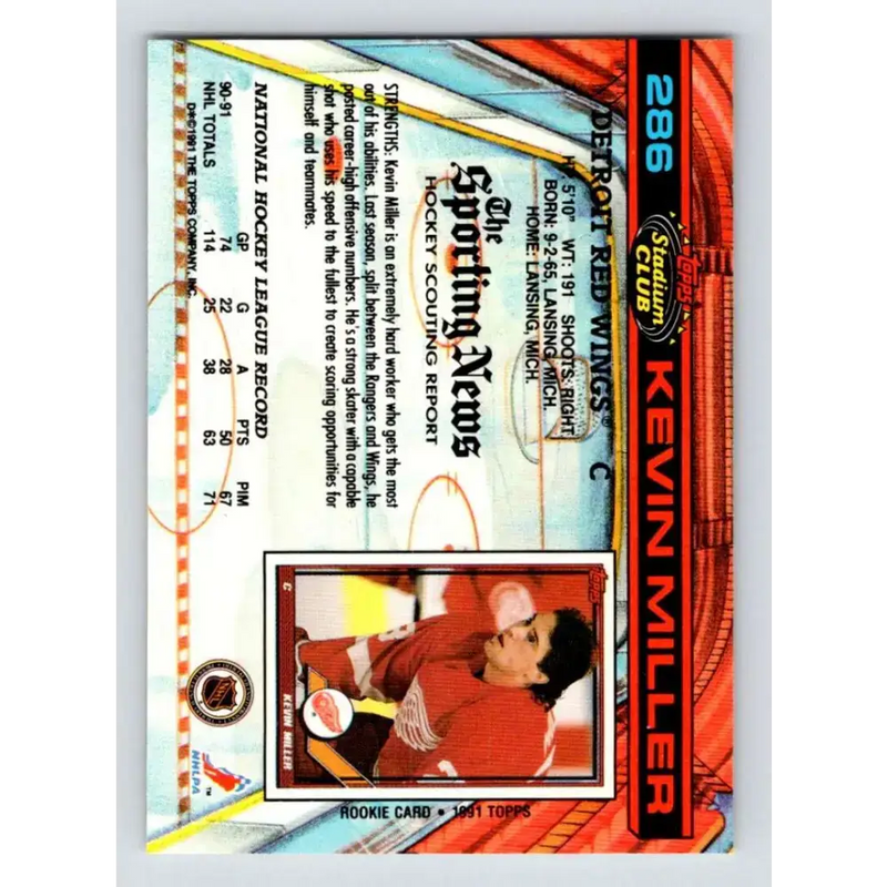 1991-92 Topps Stadium Club #286 Kevin Miller NM-MT Detroit Red Wings Hockey Card - Hockey Card Single