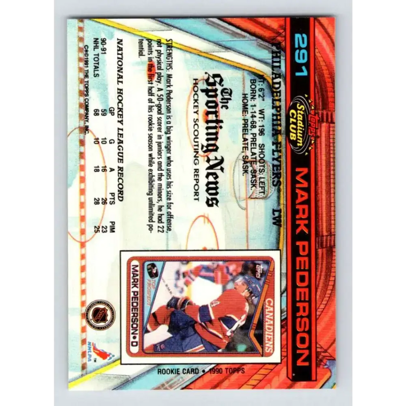 1991-92 Topps Stadium Club #291 Mark Pederson NM-MT Philadelphia Flyers Hockey Card - Hockey Card Single