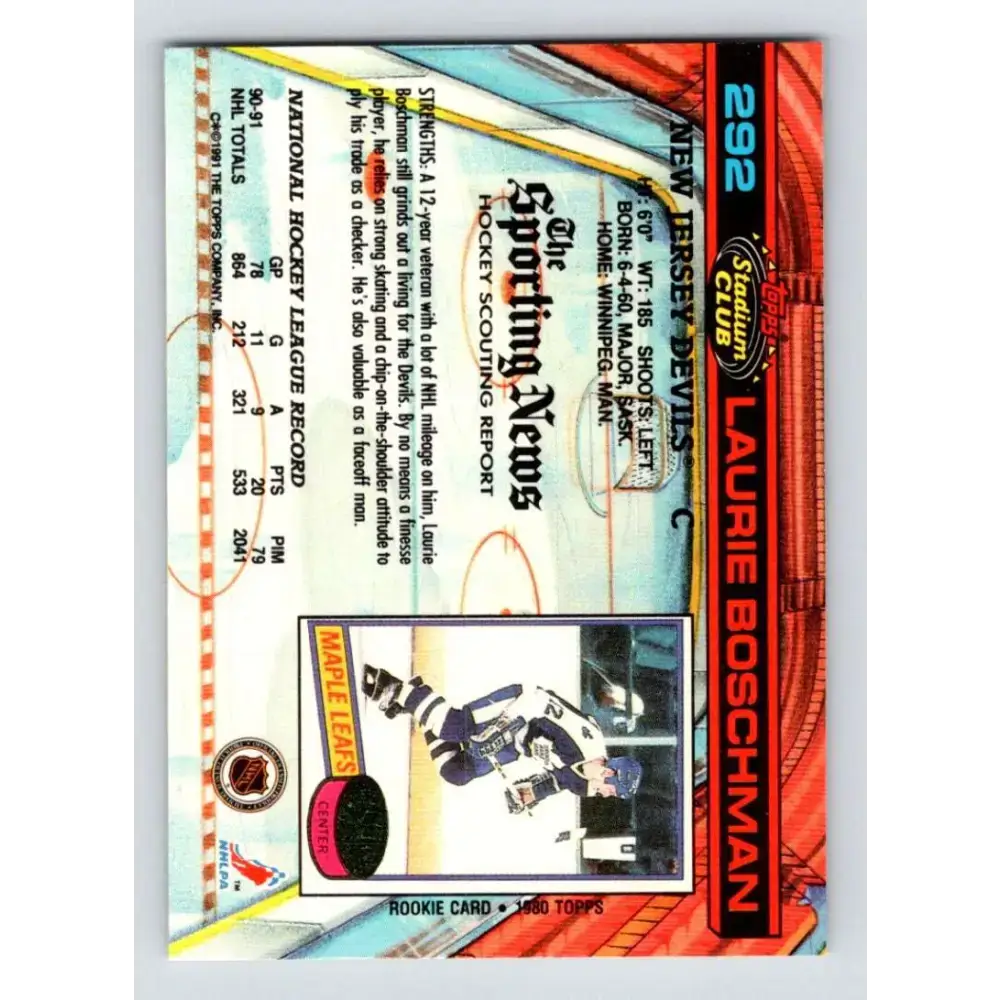 1991-92 Topps Stadium Club #292 Laurie Boschman NM-MT New Jersey Devils Hockey Card - Hockey Card Single