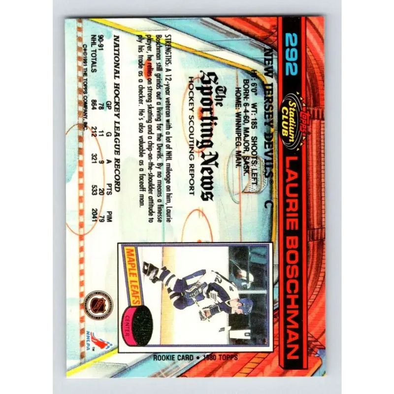 1991-92 Topps Stadium Club #292 Laurie Boschman NM-MT New Jersey Devils Hockey Card - Hockey Card Single