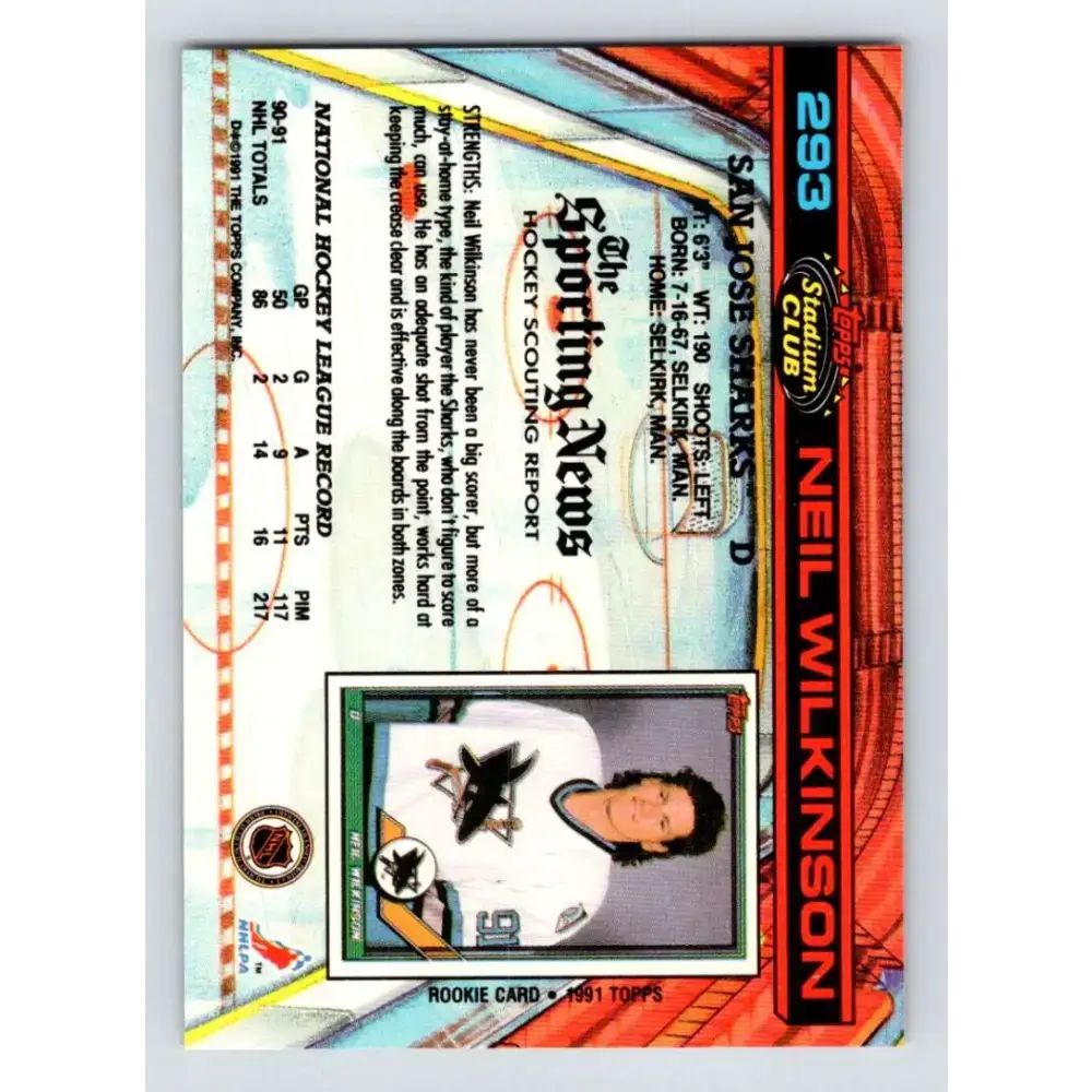 1991-92 Topps Stadium Club #293 Neil Wilkinson NM-MT San Jose Sharks Hockey Card - Hockey Card Single