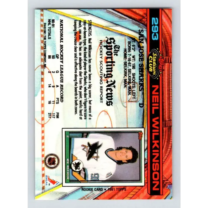 1991-92 Topps Stadium Club #293 Neil Wilkinson NM-MT San Jose Sharks Hockey Card - Hockey Card Single