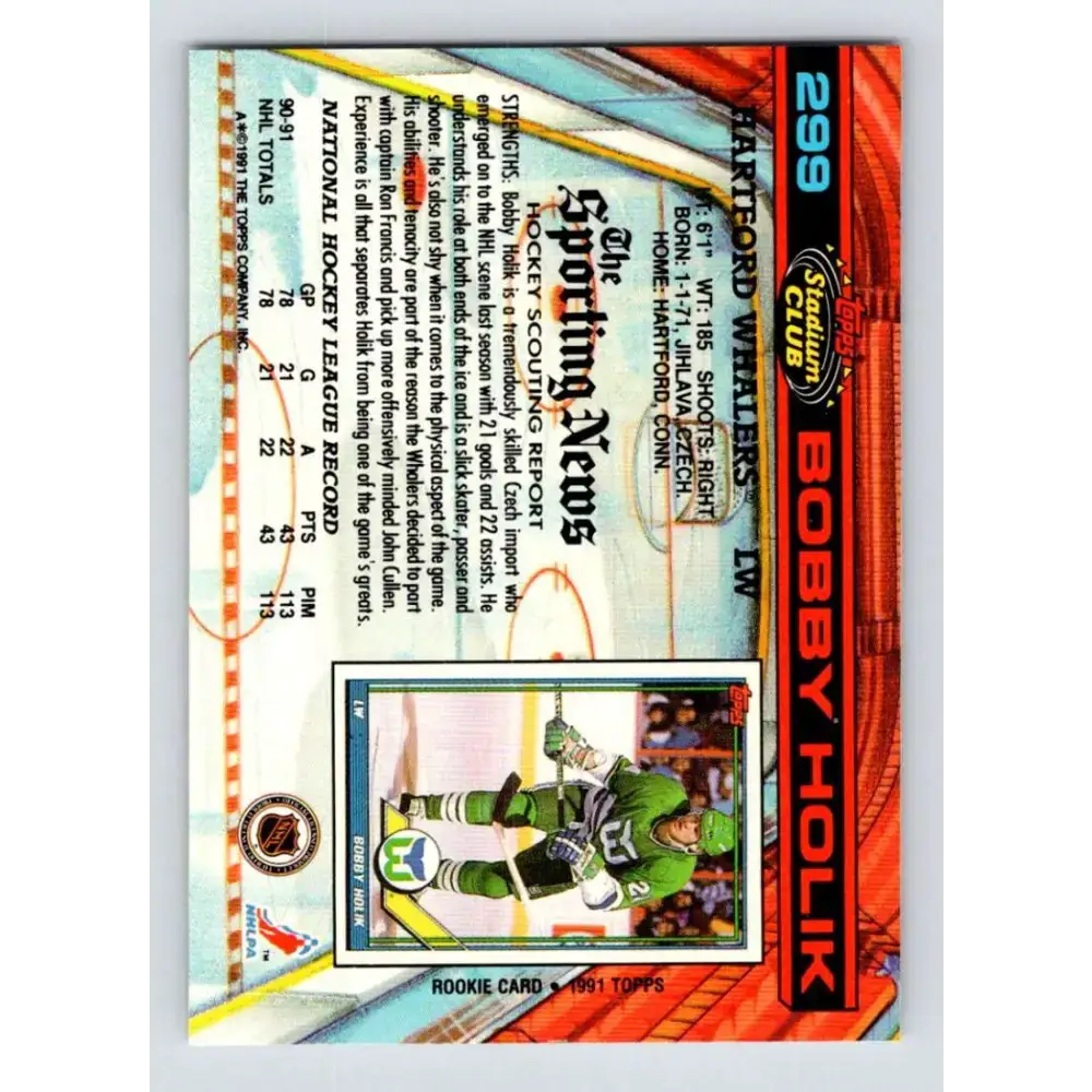 1991-92 Topps Stadium Club #299 Bobby Holik NM-MT Hartford Whalers Hockey Card - Hockey Card Single