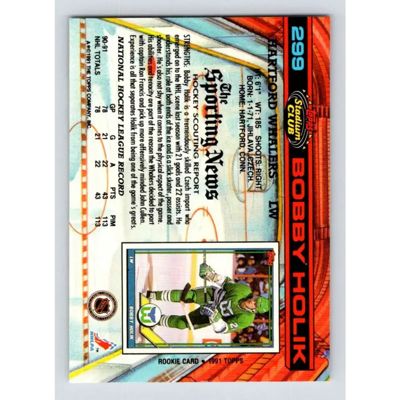1991-92 Topps Stadium Club #299 Bobby Holik NM-MT Hartford Whalers Hockey Card - Hockey Card Single