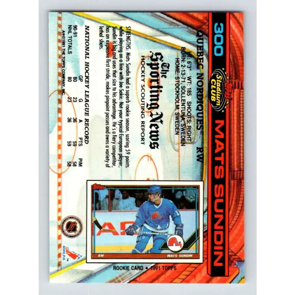 1991-92 Topps Stadium Club #300 Mats Sundin NM-MT Quebec Nordiques Hockey Card - Hockey Card Single