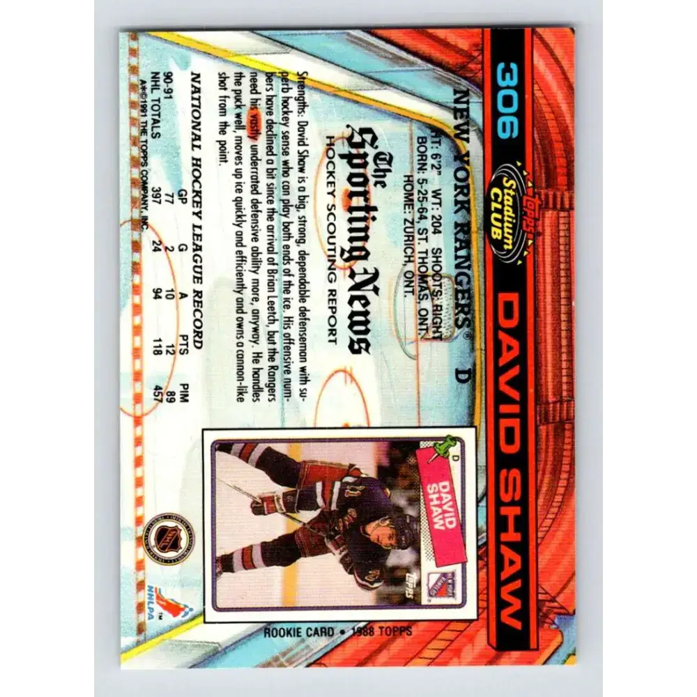 1991-92 Topps Stadium Club #306 David Shaw NM-MT New York Rangers Hockey Card - Hockey Card Single