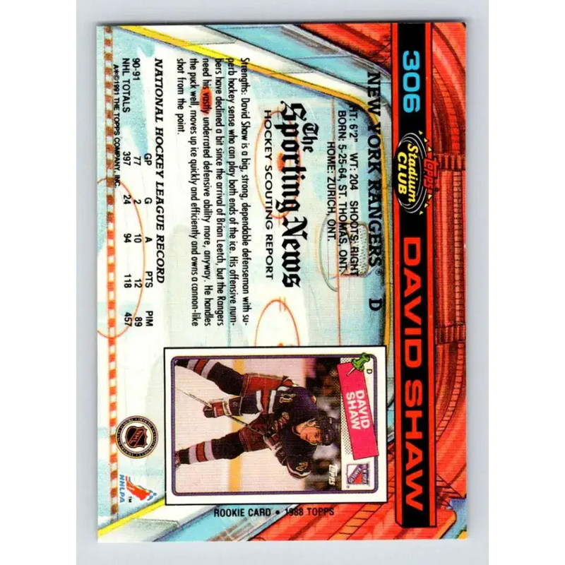 1991-92 Topps Stadium Club #306 David Shaw NM-MT New York Rangers Hockey Card - Hockey Card Single