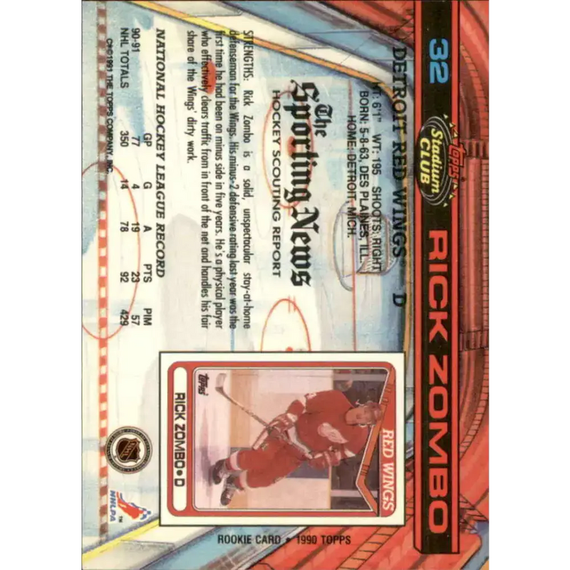 1991-92 Topps Stadium Club #32 Rick Zombo NM-MT Detroit Red Wings Hockey Card - Hockey Card Single